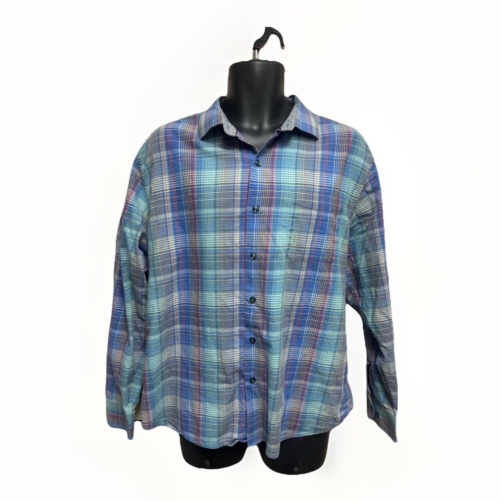 Tommy Bahama Mens Large Plaid Shirt Blue Long Sleeve Button Up Casual Island